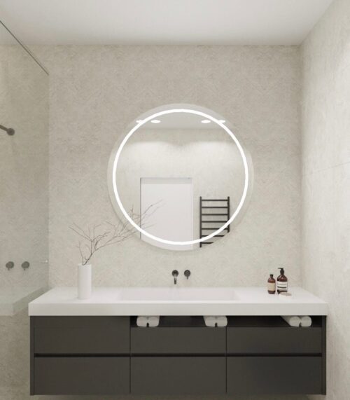 Apvalus veidrodis su foniniu apšvietimu į sieną